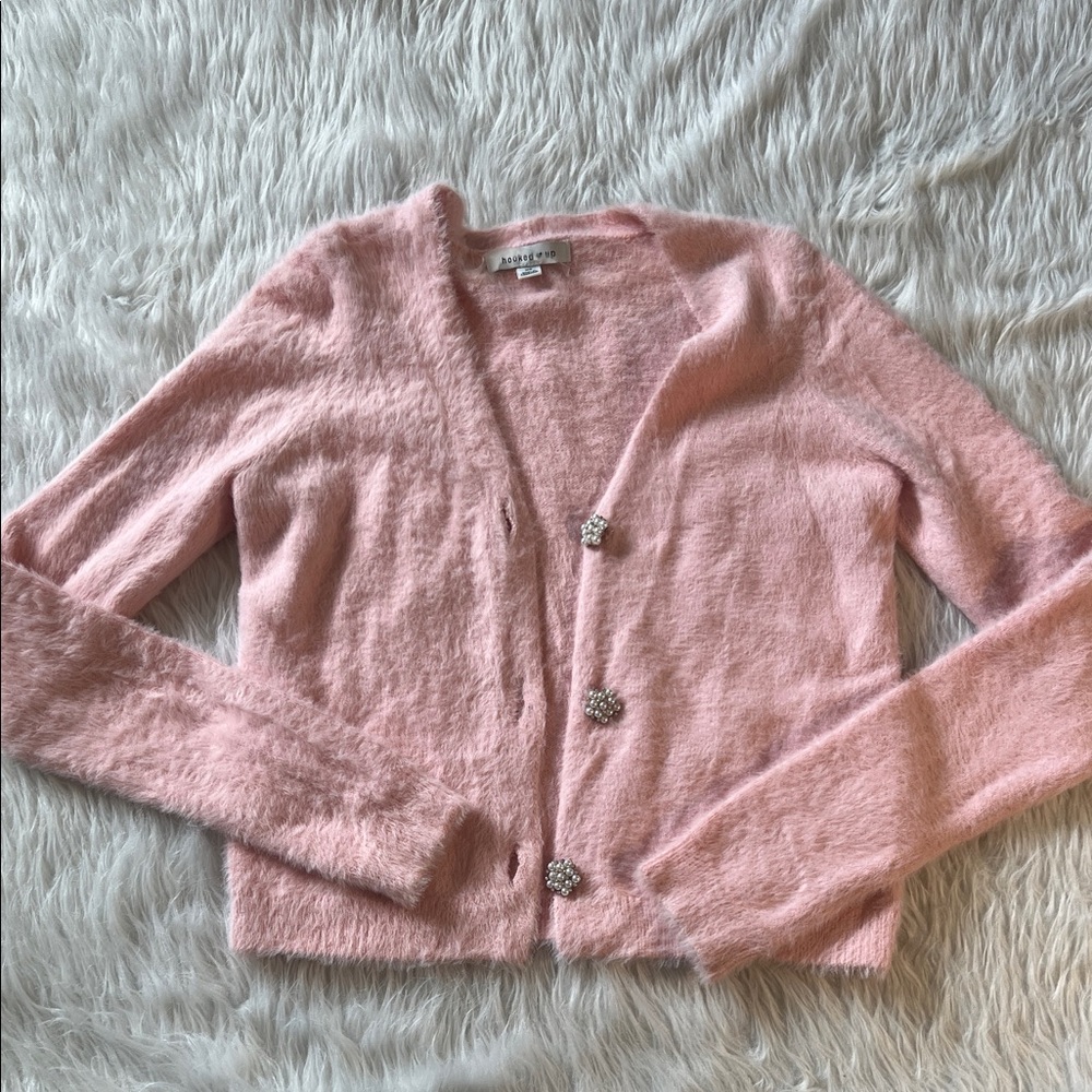 Hooked Up by IOT Blush Pink Faux-Fur Cardigan with Pearl Buttons